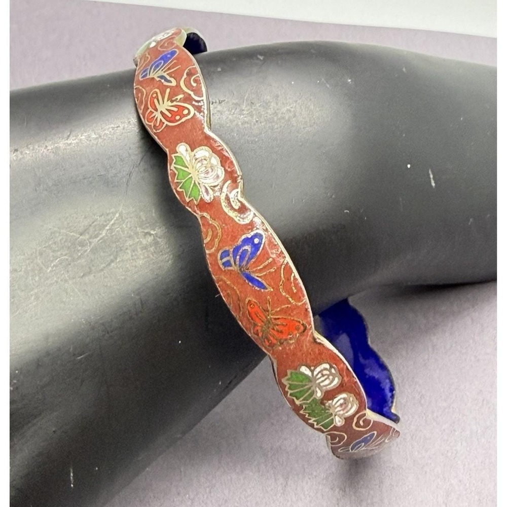 Vintage Cloisonne Enamel Floral Butterfly Bangle Bracelet Multicolor Gold Tone